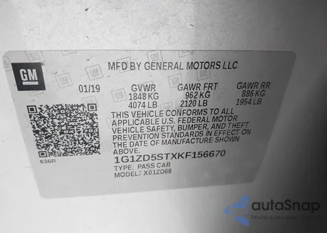2019 Chevrolet Malibu Lt z USA, uszkodzony, nr VIN 1G1ZD5STXKF156670